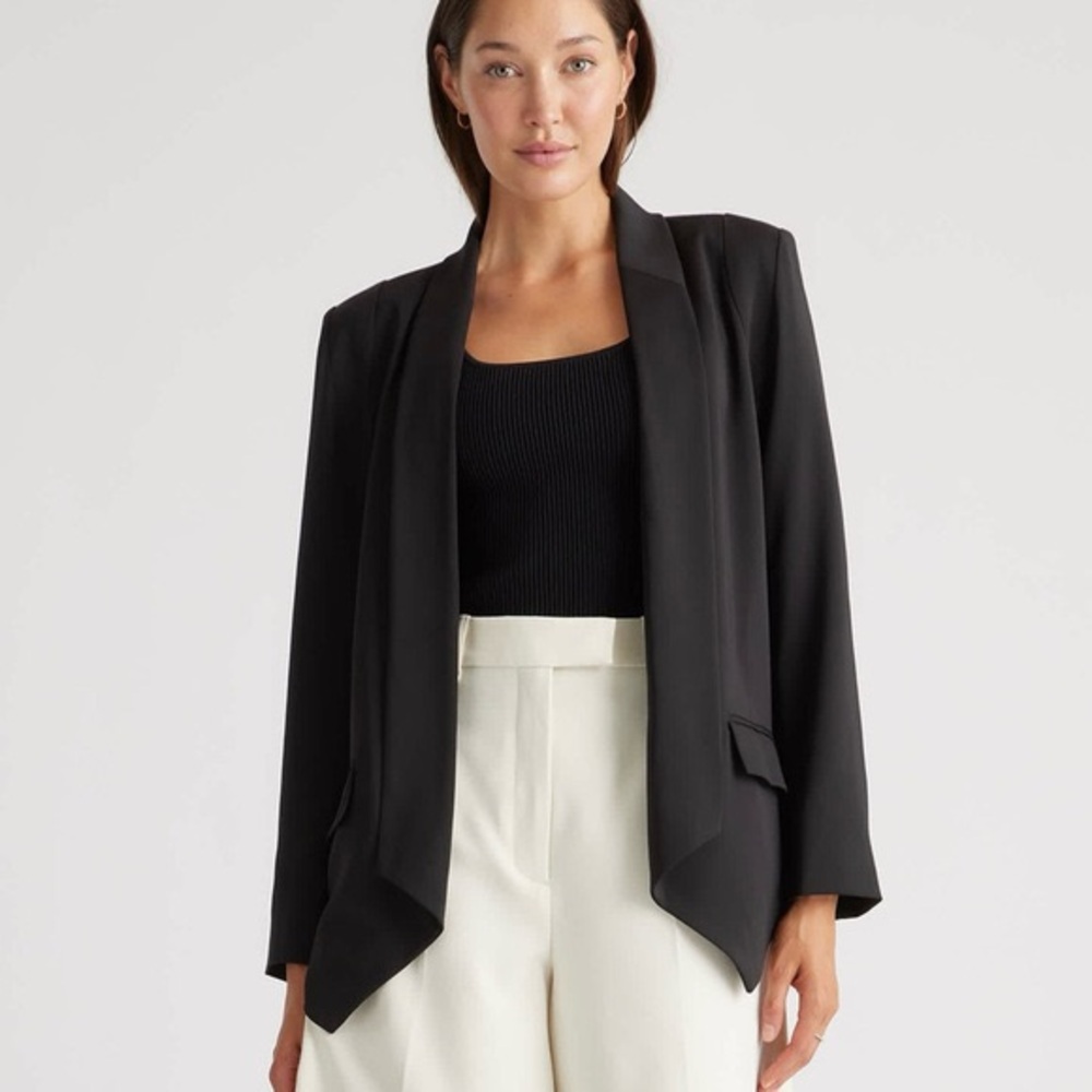 Black Draped Open-Front Women's Blazer Jacket
